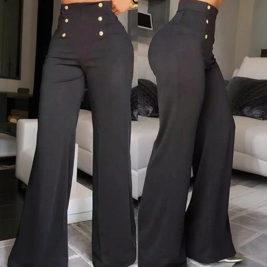 NEW Women's Elegant High-Waisted Wide Leg Pants With Double-Breasted Buttons - Flared Trousers For Casual & Formal Wear
