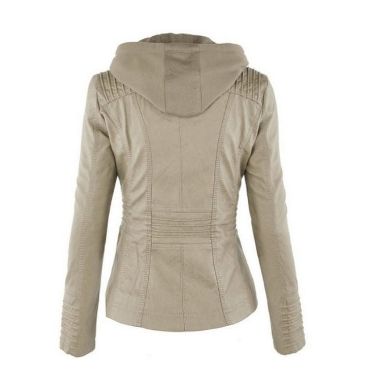 Back view of beige women's detachable hooded leather jacket with stitched details and long sleeves