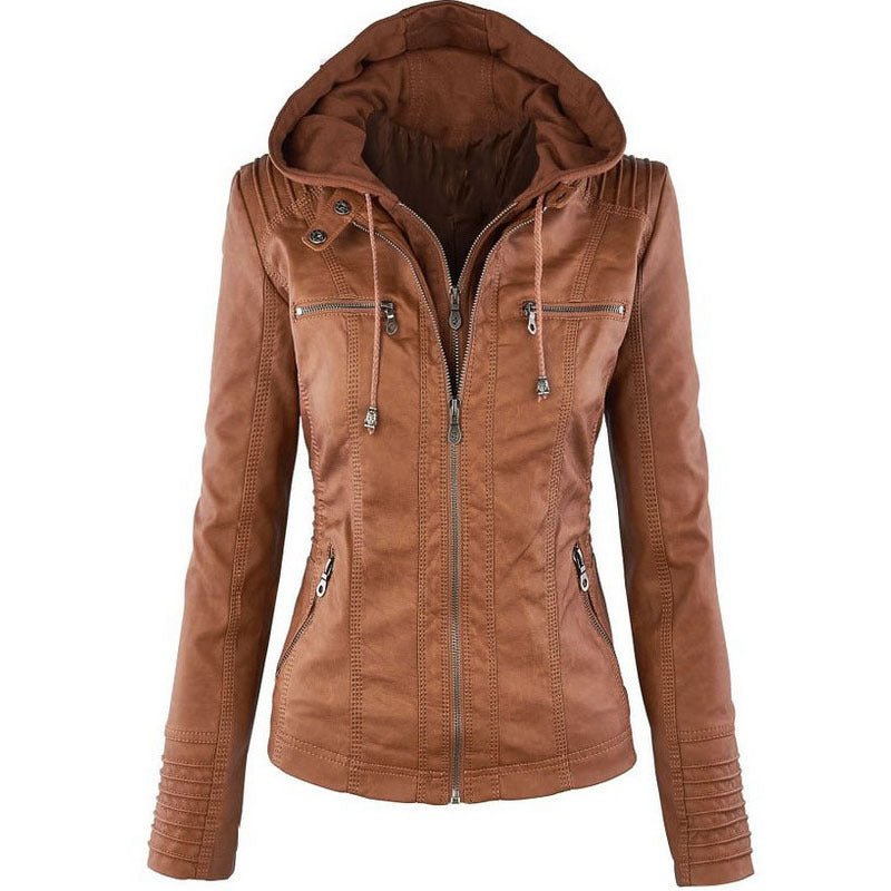 brown women's detachable hood leather jacket with zipper closures and multiple pockets