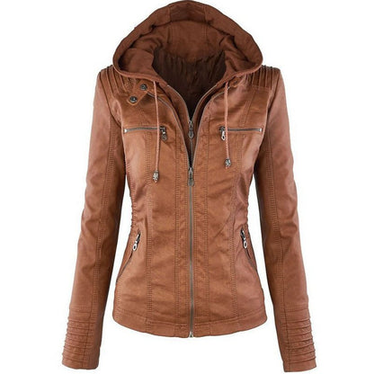 Fashion Detachable Hooded Jacket With Pockets Casual Solid Color Zipper Long Sleeve Leather Coat Autumn Winter Women&