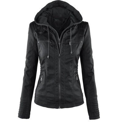 Black women's detachable hooded leather jacket with zippered pockets and long sleeves