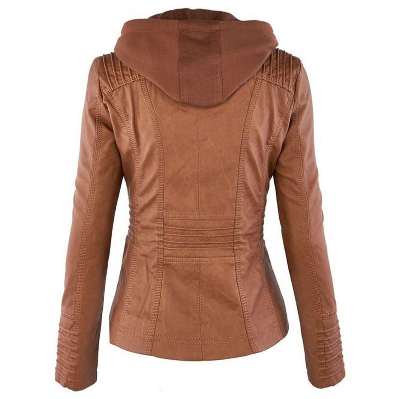 Brown detachable hooded leather jacket with quilted detailing on back and sleeves, women's casual outerwear