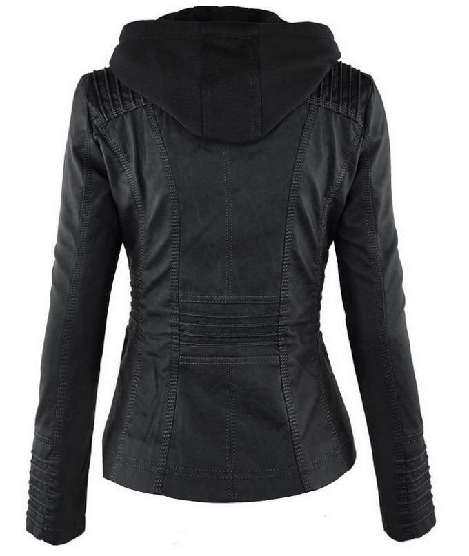 Back view of women's black detachable hooded leather jacket with stitching details and long sleeves