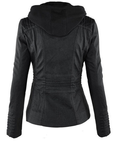 Fashion Detachable Hooded Jacket With Pockets Casual Solid Color Zipper Long Sleeve Leather Coat Autumn Winter Women&