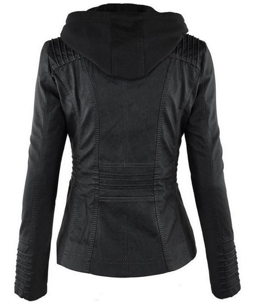 Back view of women's black detachable hooded leather jacket with stitching details and long sleeves