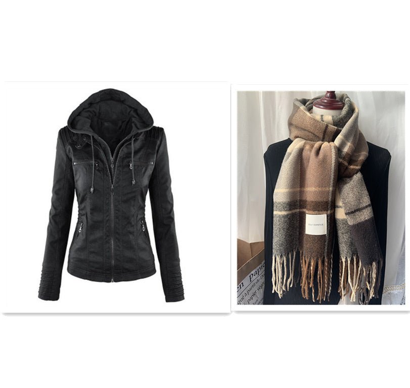 Black detachable hooded women's leather jacket with zipper and pockets, brown plaid fringed scarf