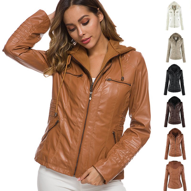 Woman wearing a brown detachable hooded leather jacket with zipper and pockets, casual autumn winter style