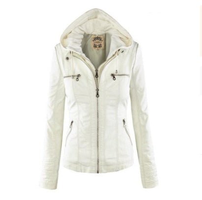 White detachable hooded leather jacket with zipper and multiple pockets for women