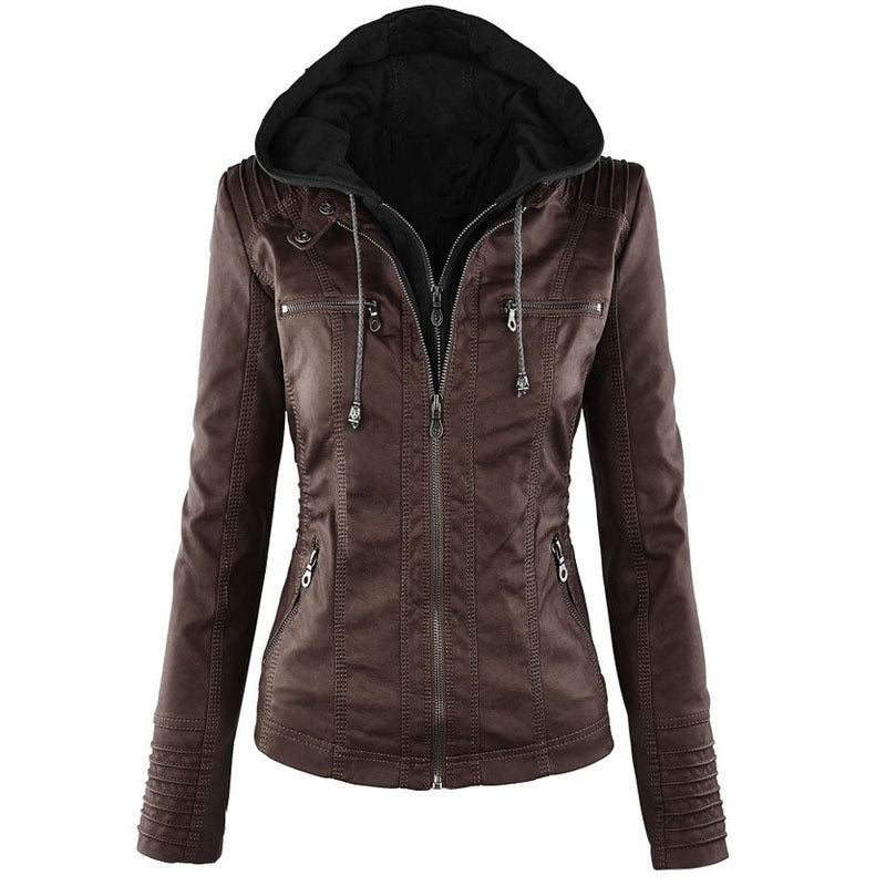 Women's brown leather jacket with detachable black hood, zippered pockets, and long sleeves