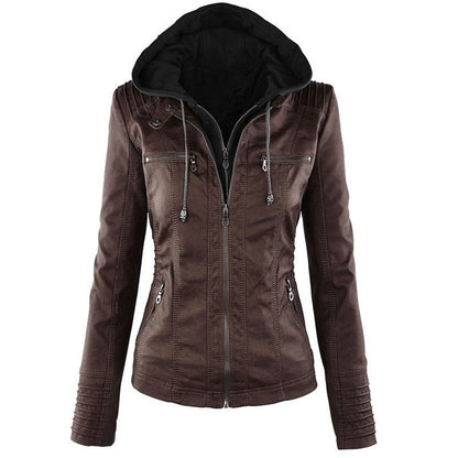 Fashion Detachable Hooded Jacket With Pockets Casual Solid Color Zipper Long Sleeve Leather Coat Autumn Winter Women&