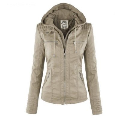 Beige women's detachable hooded leather jacket with zipper and pockets, long sleeve casual outerwear