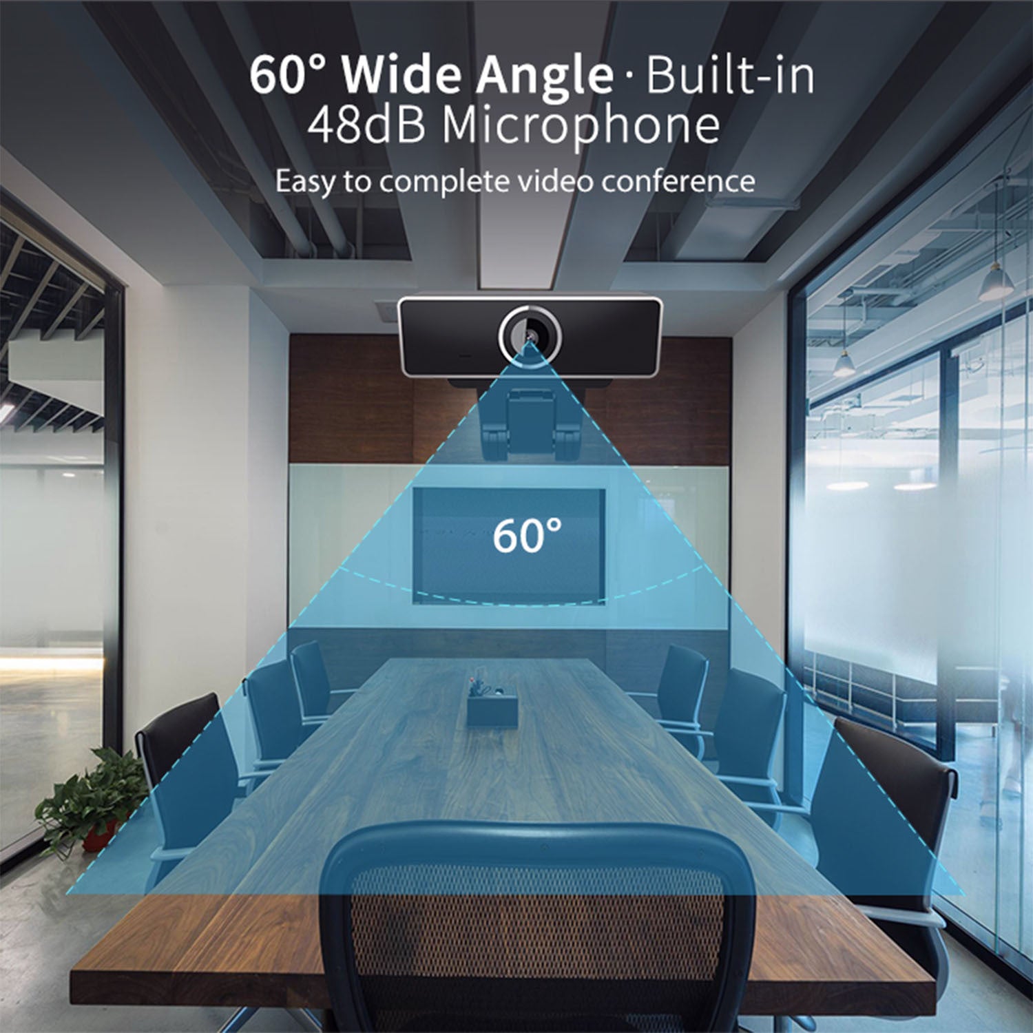 Modern conference room with wooden table and chairs, webcam with 60° wide angle and built-in microphone