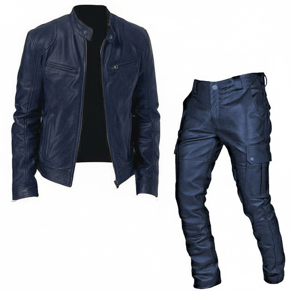 Black leather motorcycle jacket with zip pockets paired with black cargo riding pants