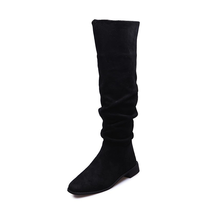 Black suede women's knee-high slouchy flat boots with square toe and low heel