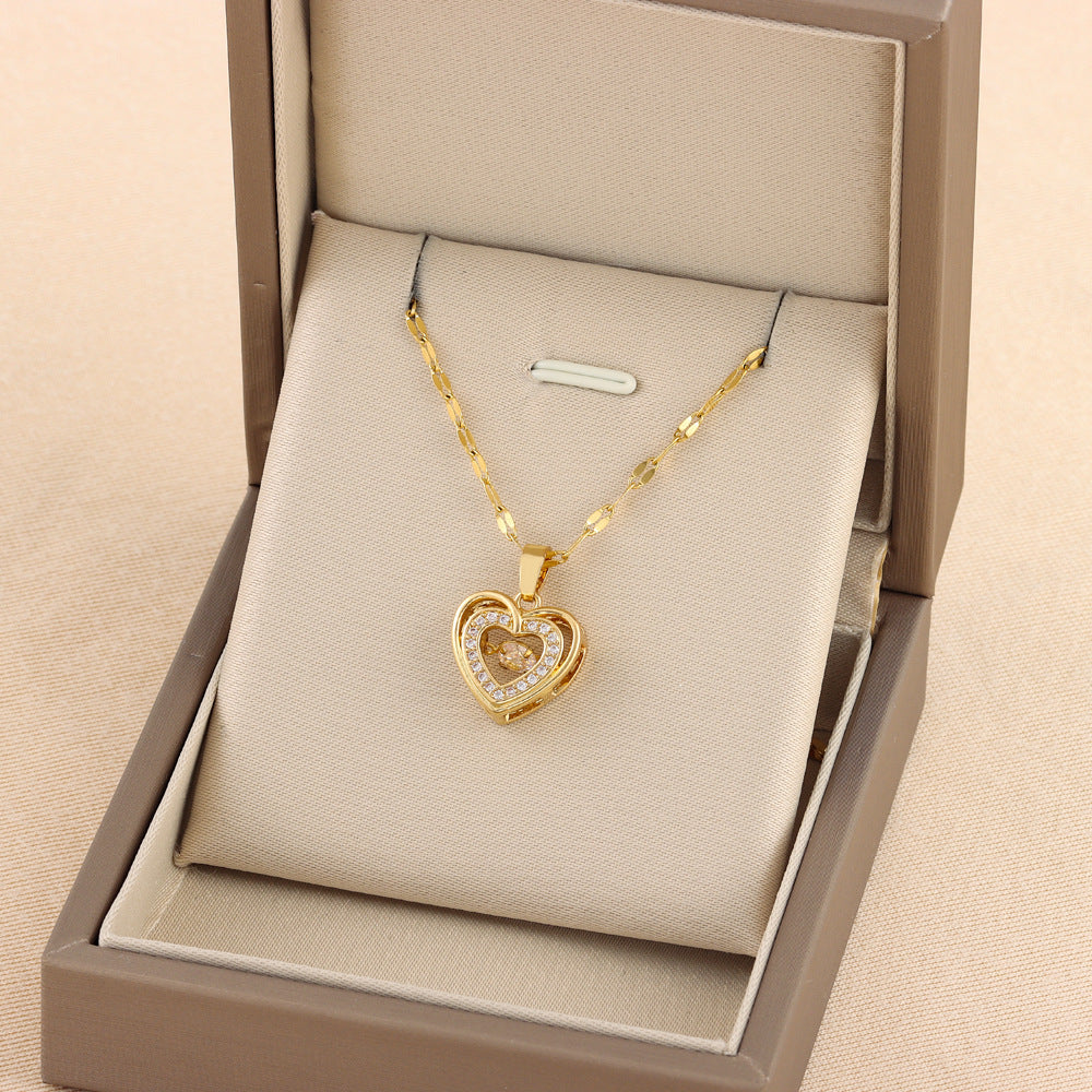 new Double-layer Love Necklace With Rhinestones Titanium Steel Pendant Fashion Jewelry Woman Valentines Day Gift