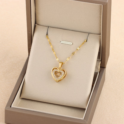 new Double-layer Love Necklace With Rhinestones Titanium Steel Pendant Fashion Jewelry Woman Valentines Day Gift