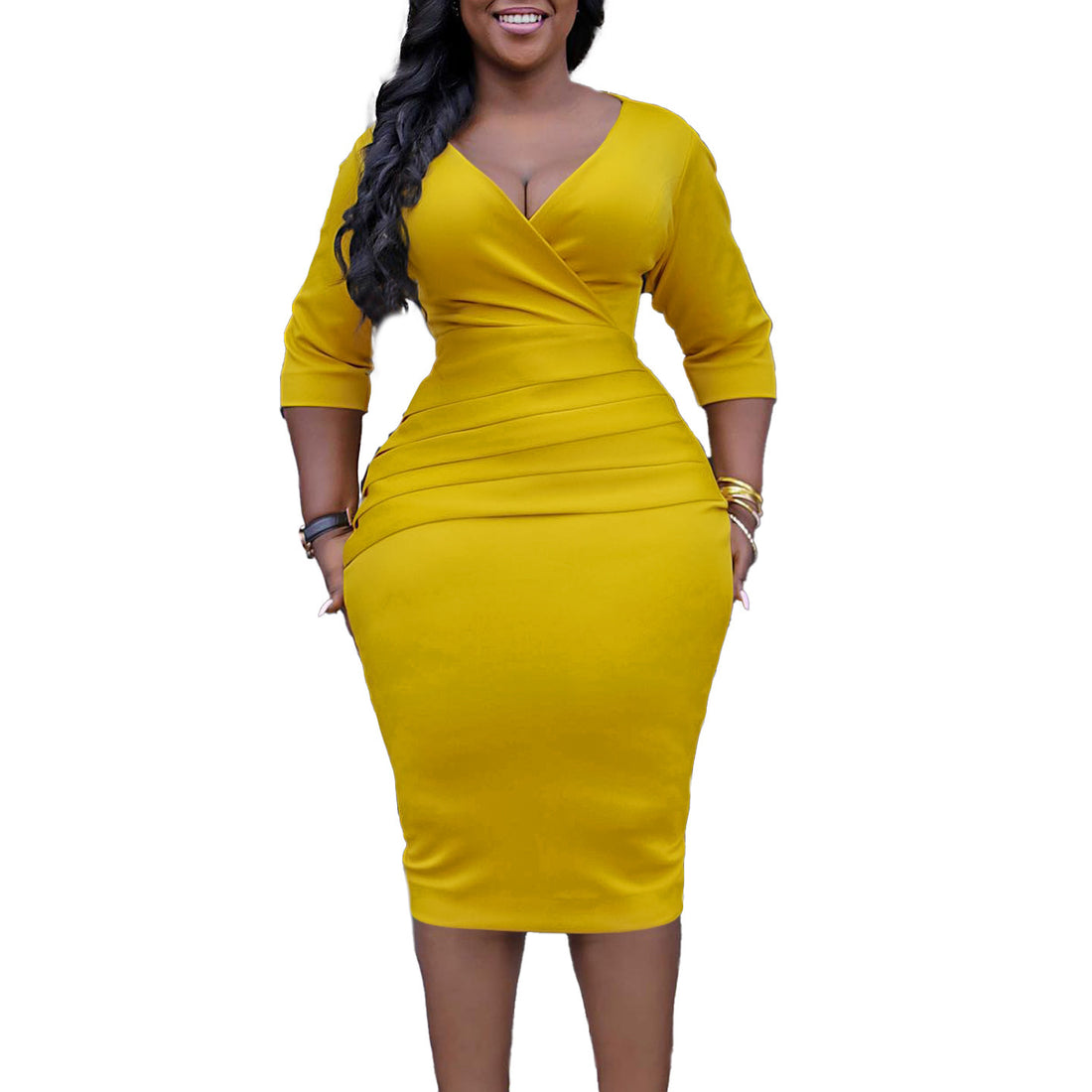 NEW V-neck Temperament Sheath Plus Size Solid Color Dress