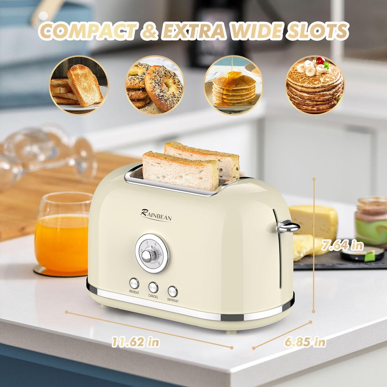 NEW Toaster 2 Slice Retro Toaster Stainless Steel With 6 Bread Shade Settings And Bagel Cancel Defrost Reheat Function, Cute Bread Toaster With Extra Wide Slot And Removable Crumb Tray