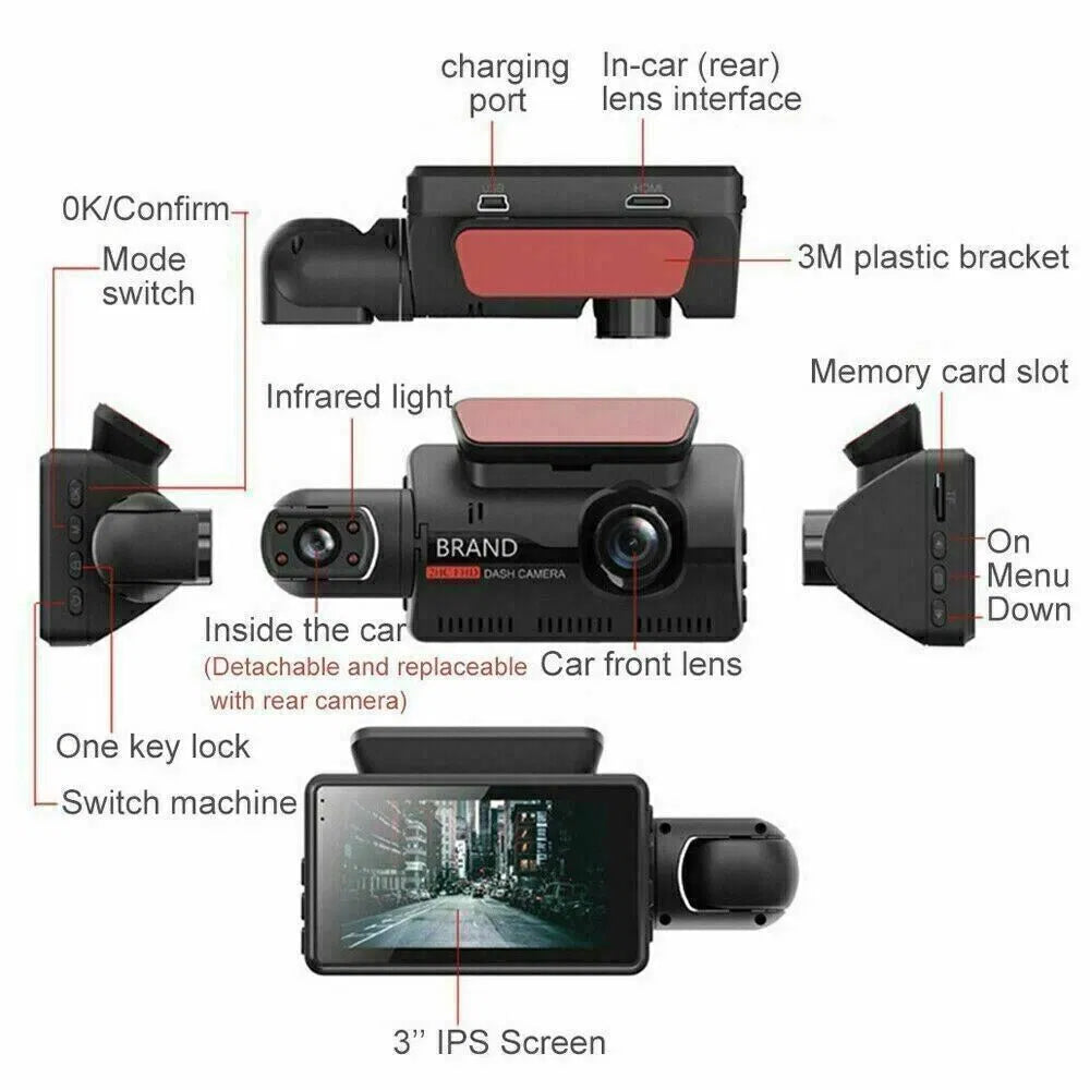Diagram of a car dash camera with labeled parts including 3" IPS screen, car front lens, infrared light, memory card slot, charging port, and 3M plastic bracket