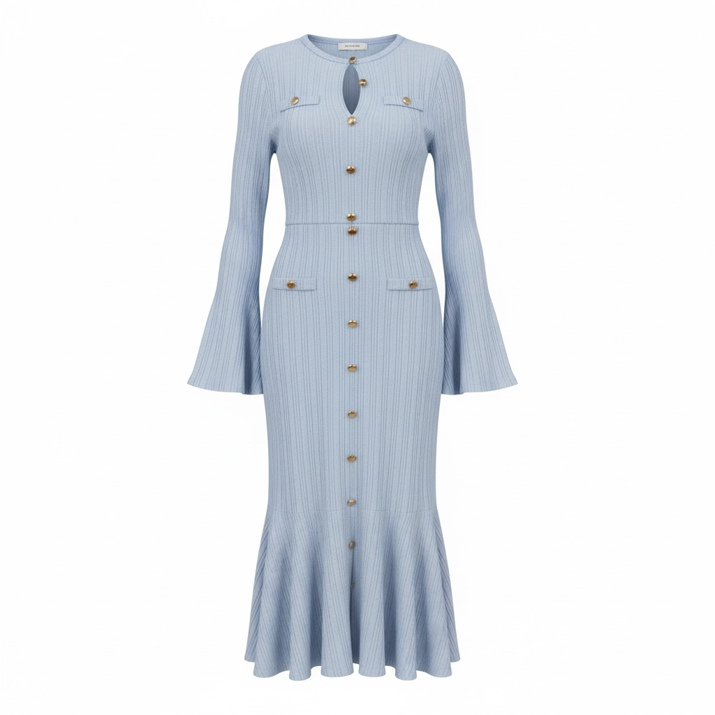 JonaStore® light blue ribbed knit midi dress with gold buttons, keyhole neckline, flared sleeves, and ruffled hem.