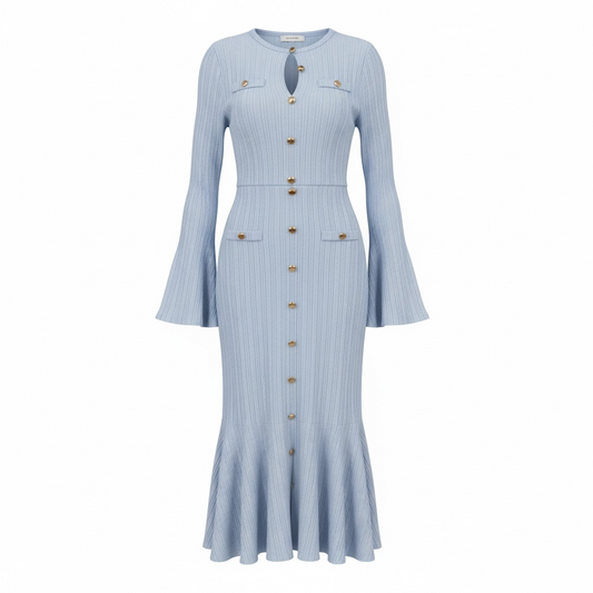 JonaStore® light blue ribbed knit midi dress with gold buttons, keyhole neckline, flared sleeves, and ruffled hem.