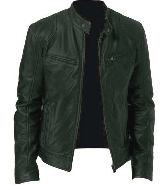 black men's zip-up PU leather jacket with stand collar and zippered pockets