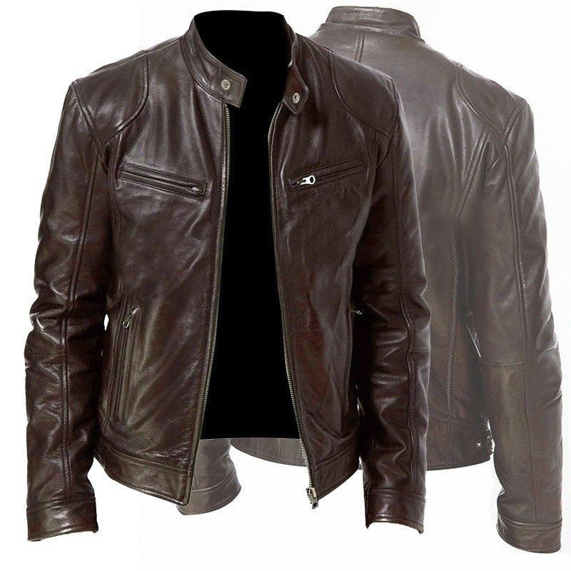 Men's brown PU leather zip-up jacket with stand collar and zippered pockets, front and back view
