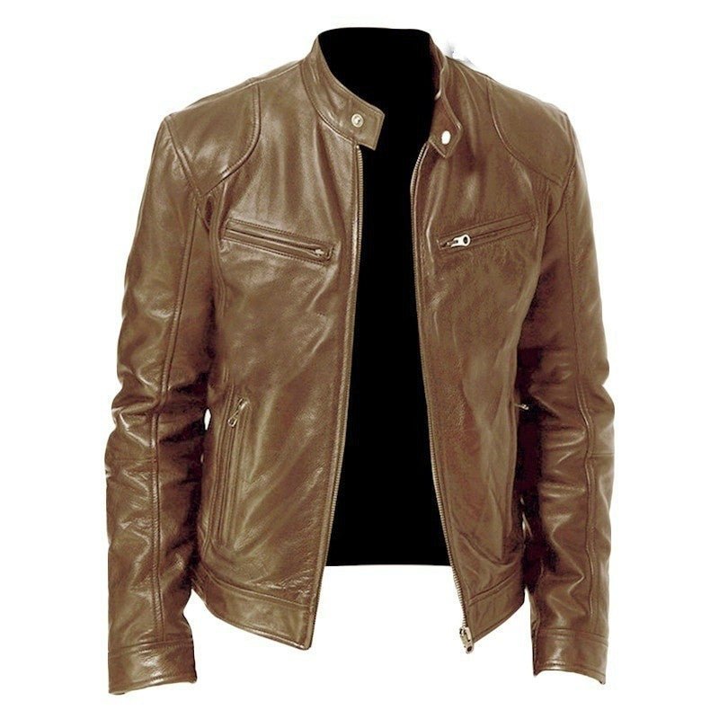 Men's brown zip-up leather jacket with stand collar and zippered pockets