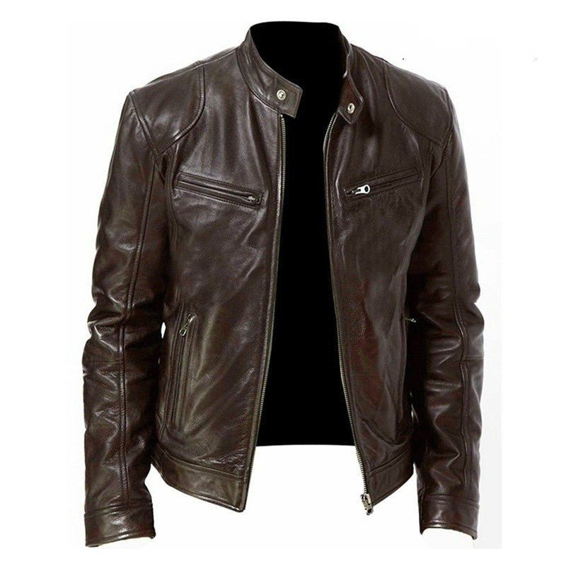men's brown leather zip-up jacket with stand collar and zippered pockets