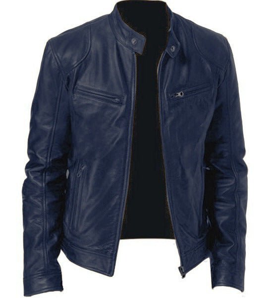 men's navy blue zip-up leather jacket with stand collar and chest pockets
