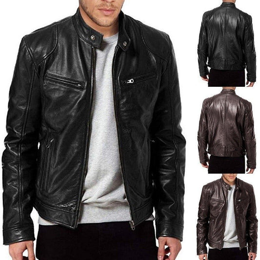 Men's Zip - up Cardigan PU Leather Jacket Fashion Pockets Stand Collar Short Tops Clothing - JonaStore