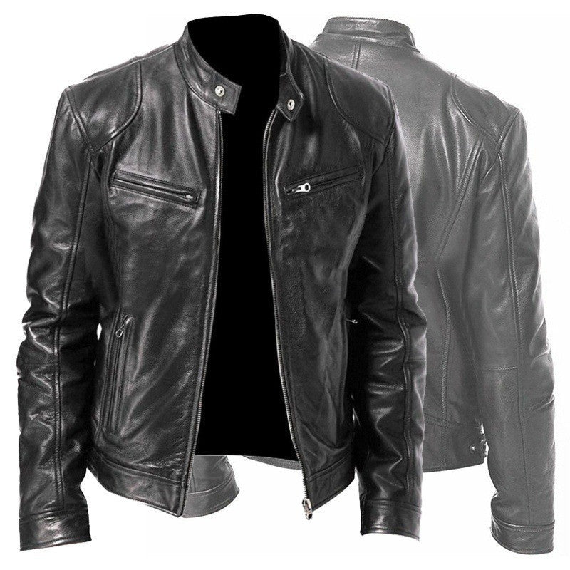 Black men's zip-up leather jacket with stand collar and zippered chest and side pockets