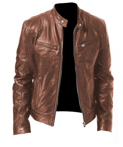Men's brown PU leather zip-up jacket with stand collar and multiple zippered pockets
