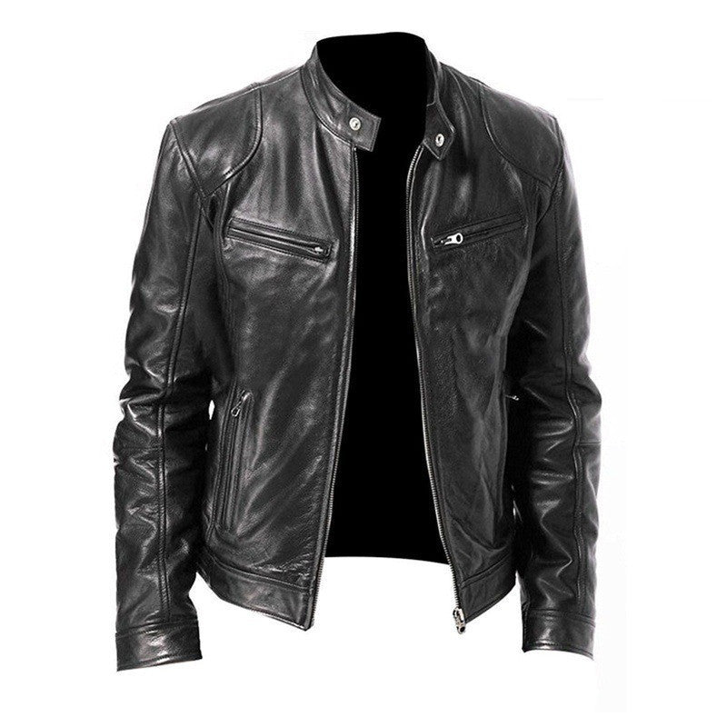 Black men's zip-up leather jacket with stand collar and zippered pockets