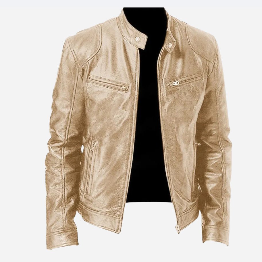 Men's beige leather zip-up jacket with stand collar and zippered pockets