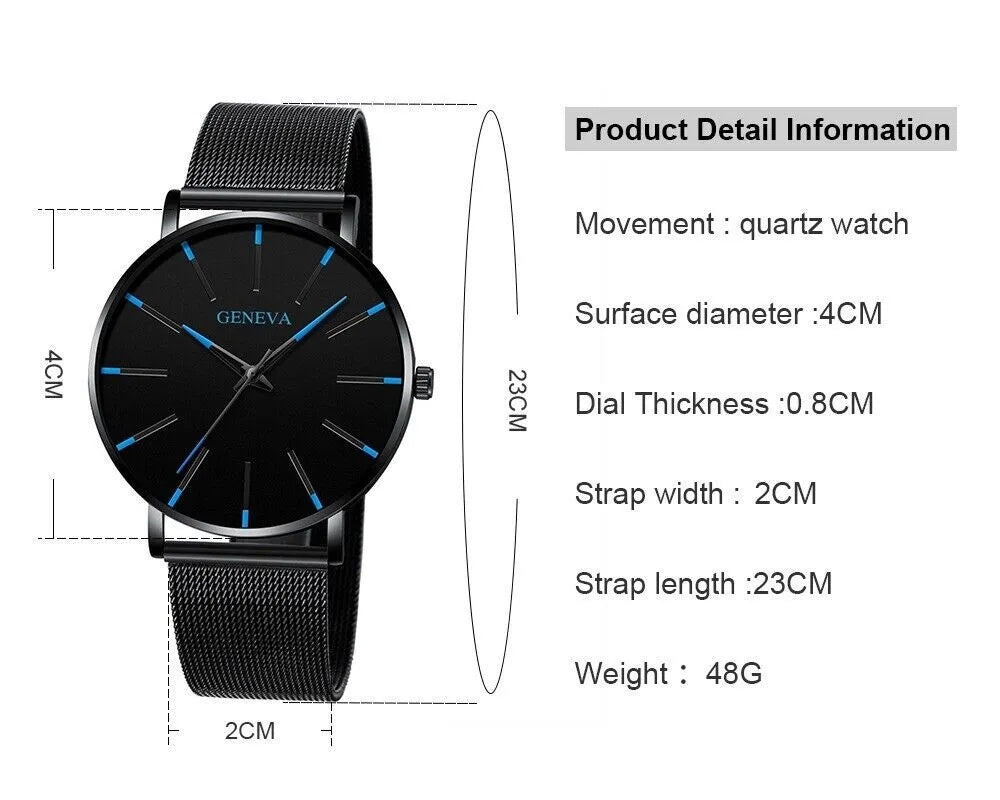 Black Geneva men's quartz watch with blue luminous markers, stainless steel mesh strap, 4cm dial