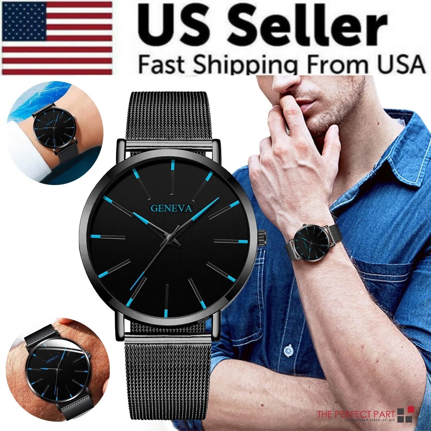 Waterproof men's Geneva watch with black mesh strap and blue luminous hands, worn by man in denim shirt