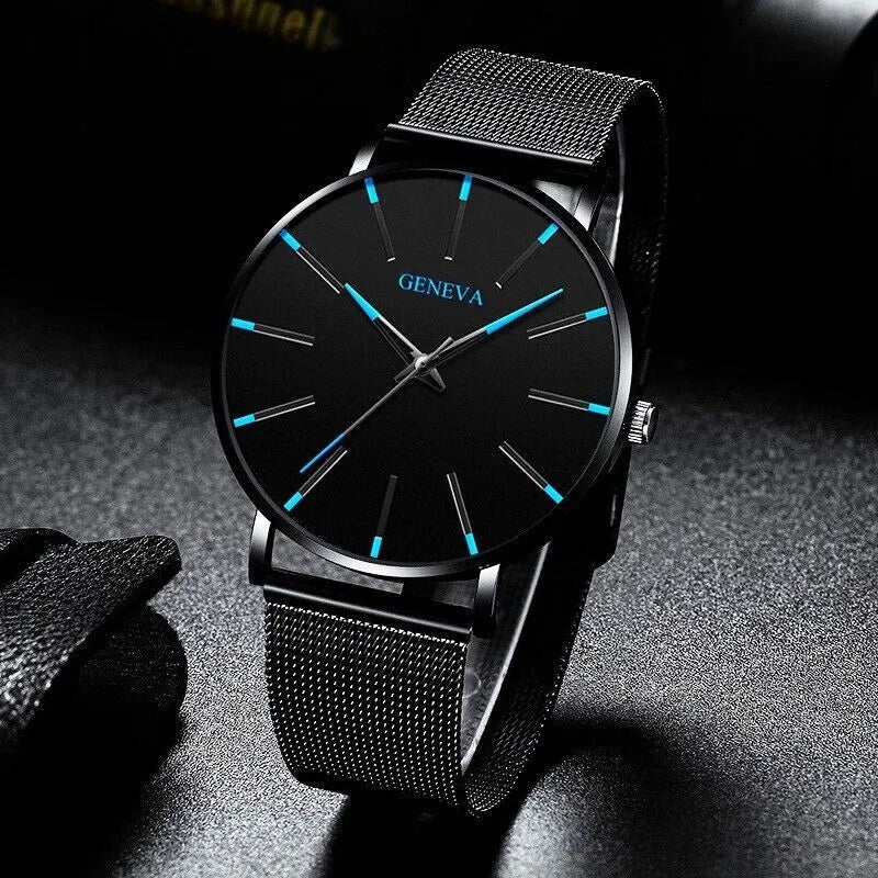 Geneva men's classic black quartz watch with luminous blue markers and stainless steel mesh band