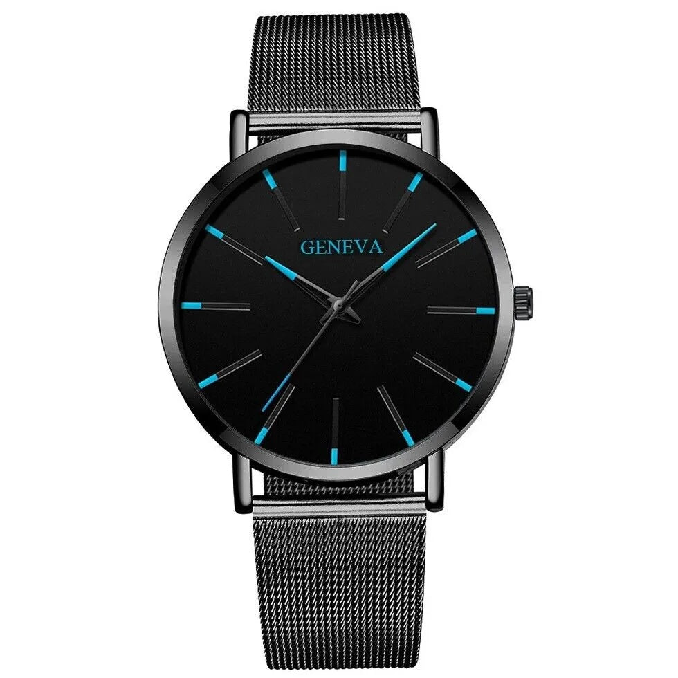Geneva men's classic quartz watch with black dial, blue luminous markers, and stainless steel mesh band