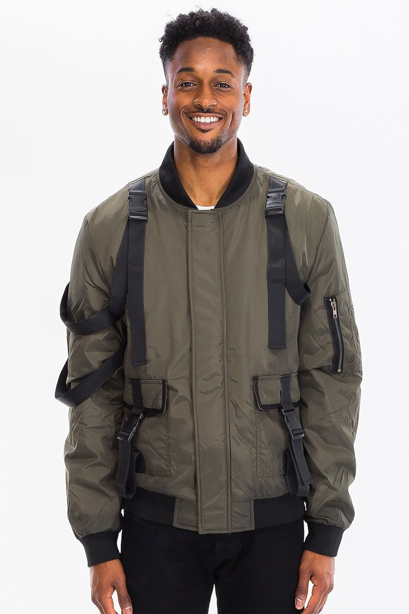Men’s Tactical Bomber Jacket – Utility Straps, Ribbed Cuffs, Full Zip