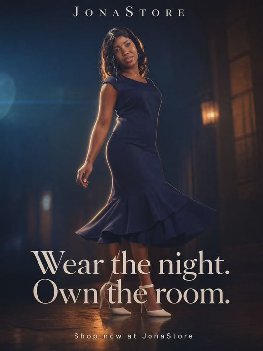 Women’s Navy Blue Midi Dress with Layered Ruffle Hem