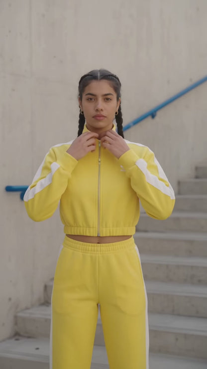 Women's Yellow Two Piece Tracksuit Set Cropped Zip Jacket Jogger Pants Size M