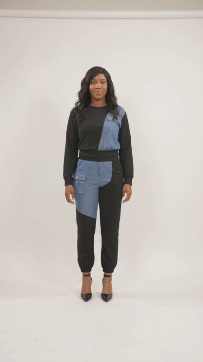 French Terry Color Block Denim Detail Top Pockets Pants Set