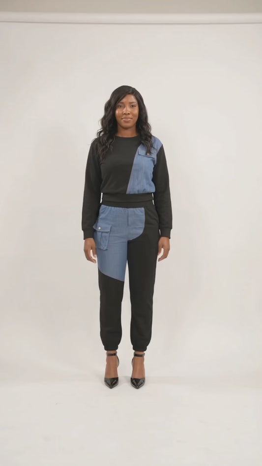 French Terry Color Block Denim Detail Top Pockets Pants Set