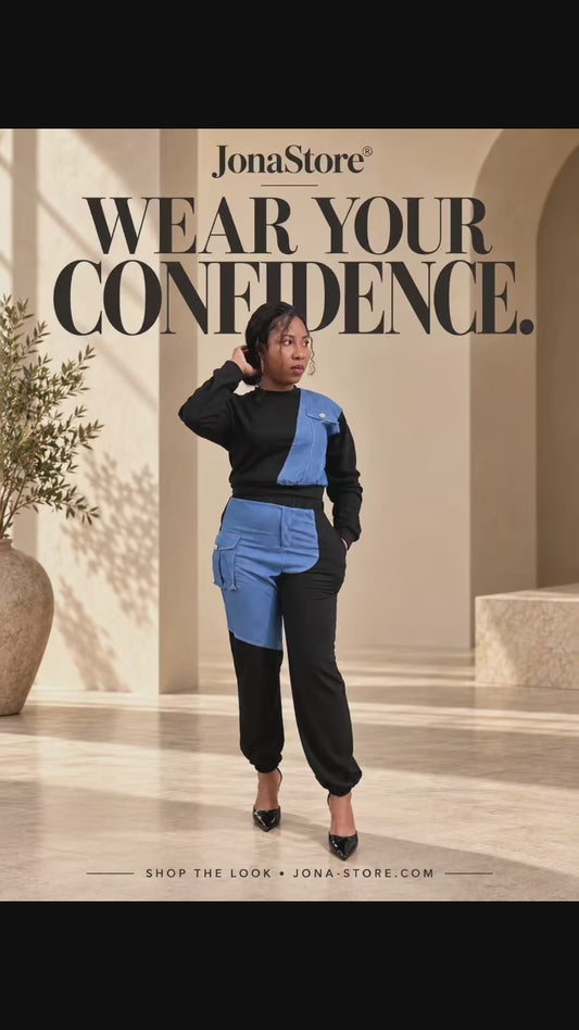 French Terry Color Block Denim Detail Top Pockets Pants Set