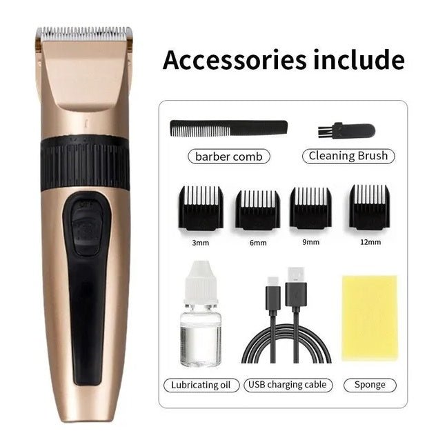 Cordless professional hair clipper set with 4 guard combs, barber comb, cleaning brush, lubricating oil, USB cable, and sponge