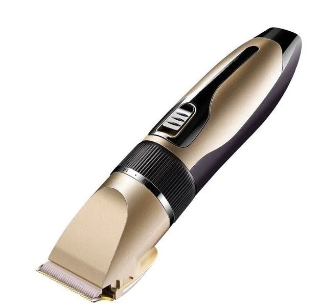 Professional cordless hair clipper with adjustable black dial and ergonomic gold and black design