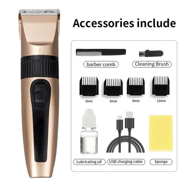 Cordless professional hair clipper with 4 guide combs 3-12mm, barber comb, cleaning brush, oil, USB cable, and sponge