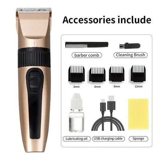 Cordless professional hair clipper with 4 guide combs 3-12mm, barber comb, cleaning brush, oil, USB cable, and sponge