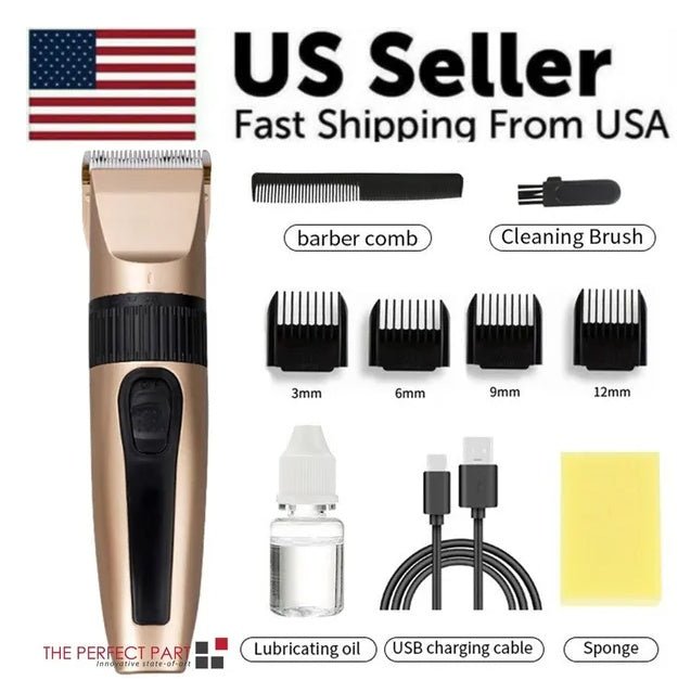 Cordless professional hair clipper kit with four guard combs, barber comb, cleaning brush, lubricating oil, USB charging cable, and sponge